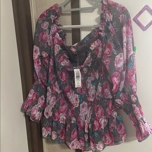 Torrid Pink and Gray Ruffled Smocked Crop Top